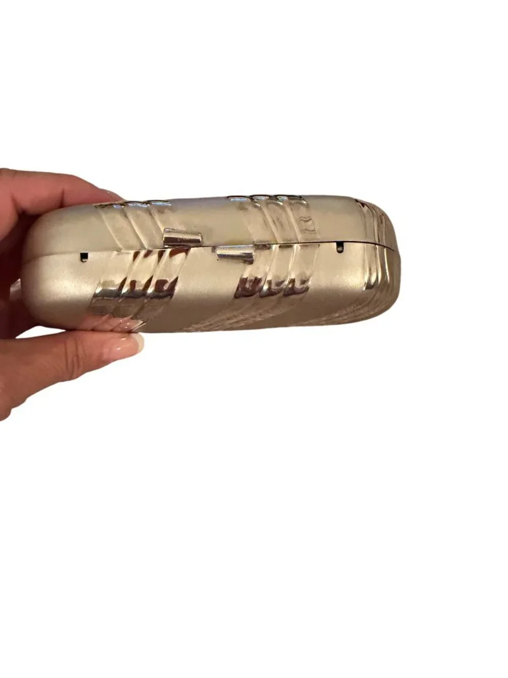 Vintage Womens Ribbed Silver-toned Metal Clutch Bag Snap Detachable Chain Strap